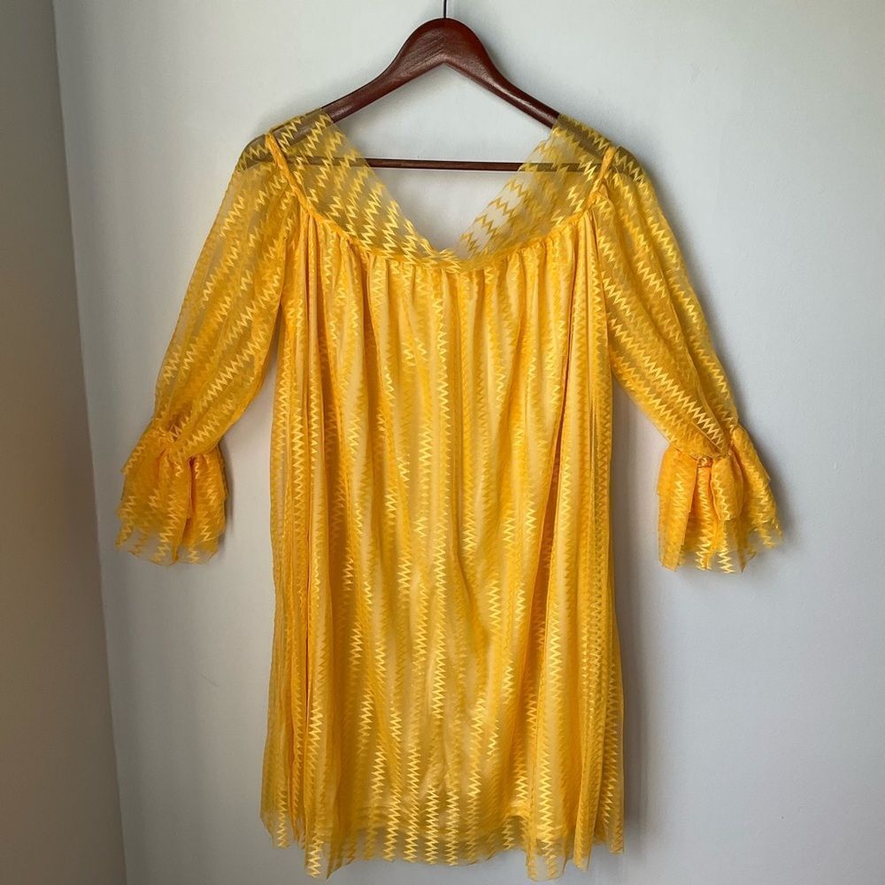 Lace overlay Sheer ZigZag Off Shoulder Pullover Minidress, L. Marigold! Volup! - Picture 3 of 16